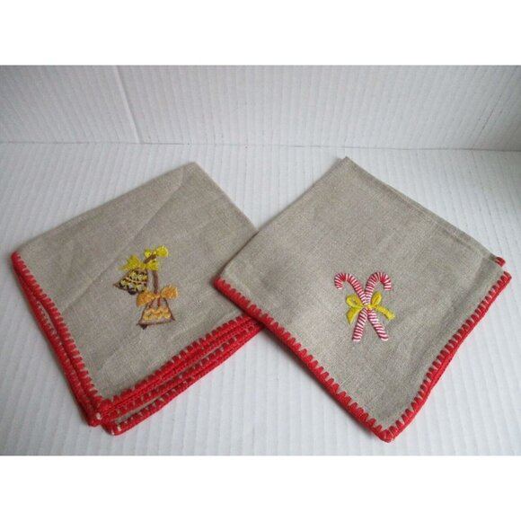 *Vintage Tan Khaki Muslin Holiday Napkins - 7 Asst Christmas Embroidered - Picture 4 of 12